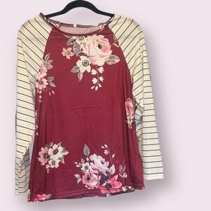 Maroon Floral Blouse, Striped Sleeves